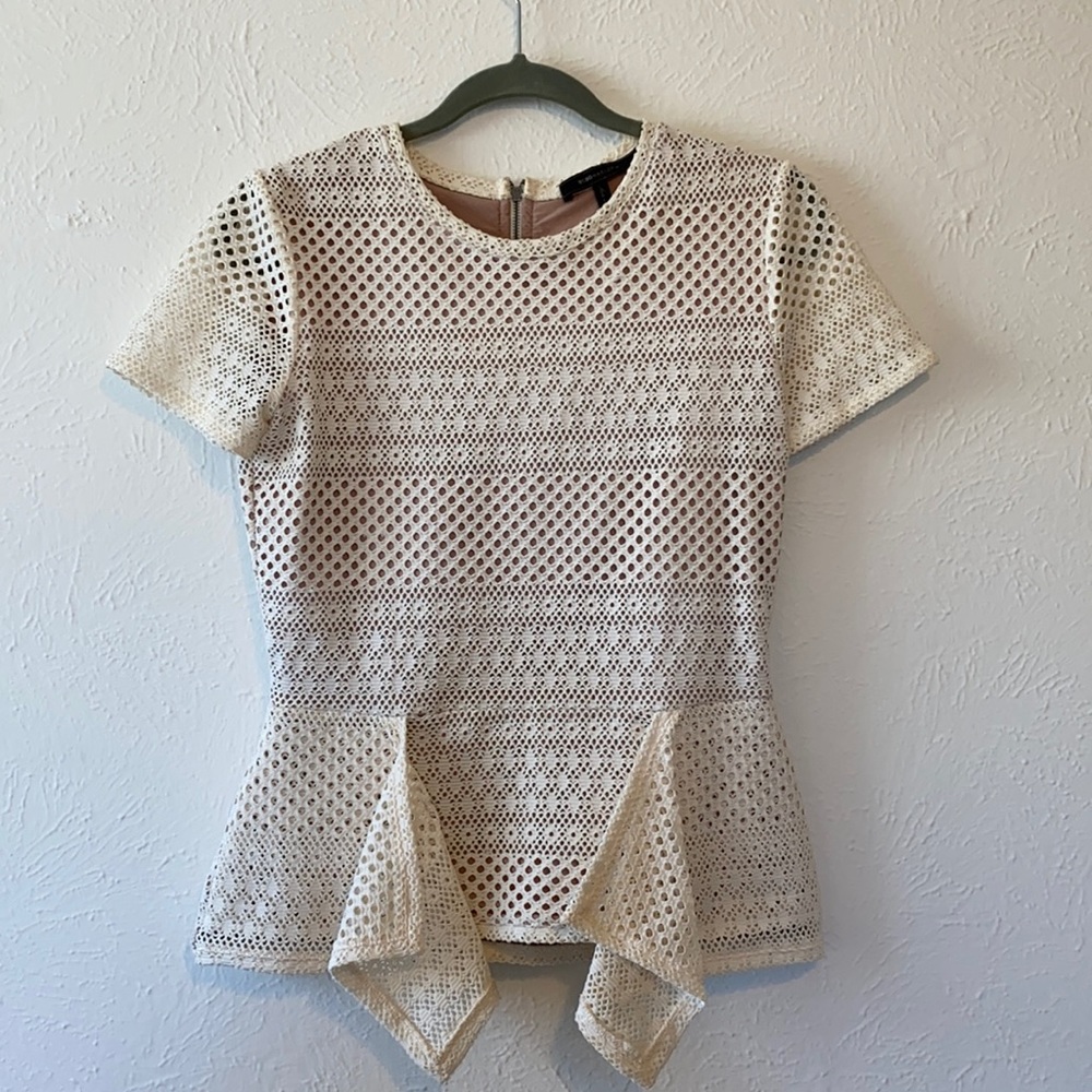 BCBG Maxazria cream crochet top, lined w/peplum